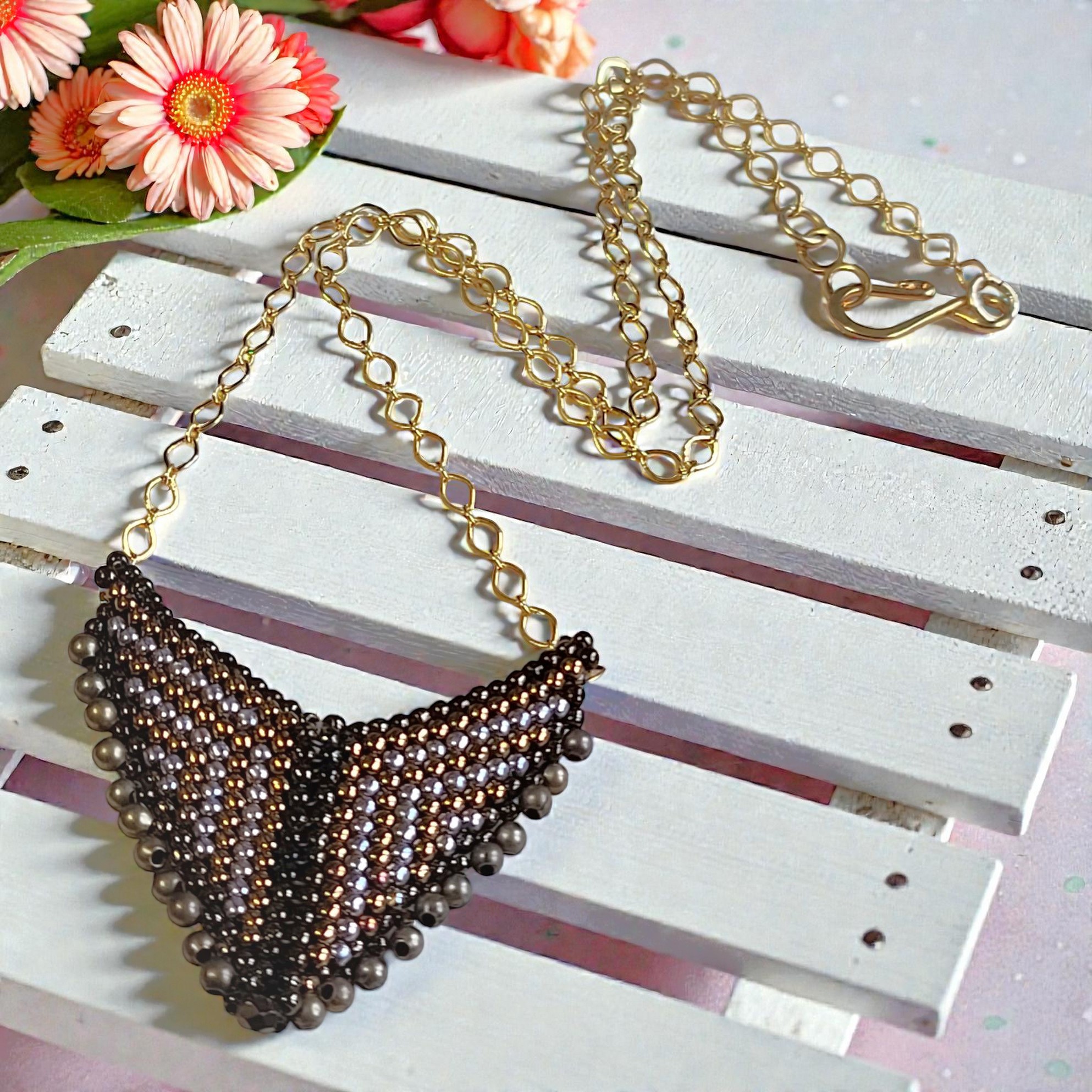 Miyuki glass pendant necklace, bronze, gold hues, crystals, handcrafted