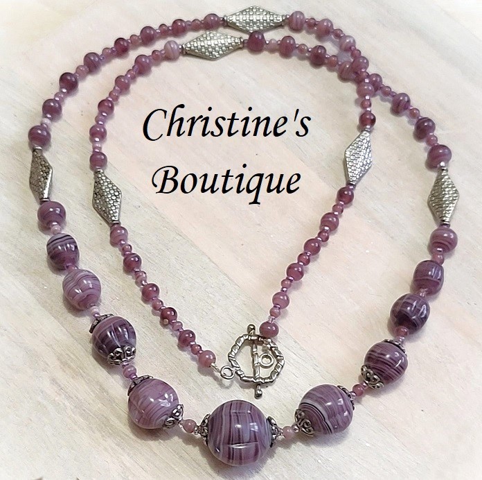 Purple swirl glass bead necklace with textured silver plated diamond shape accents, handcrafted necklace
