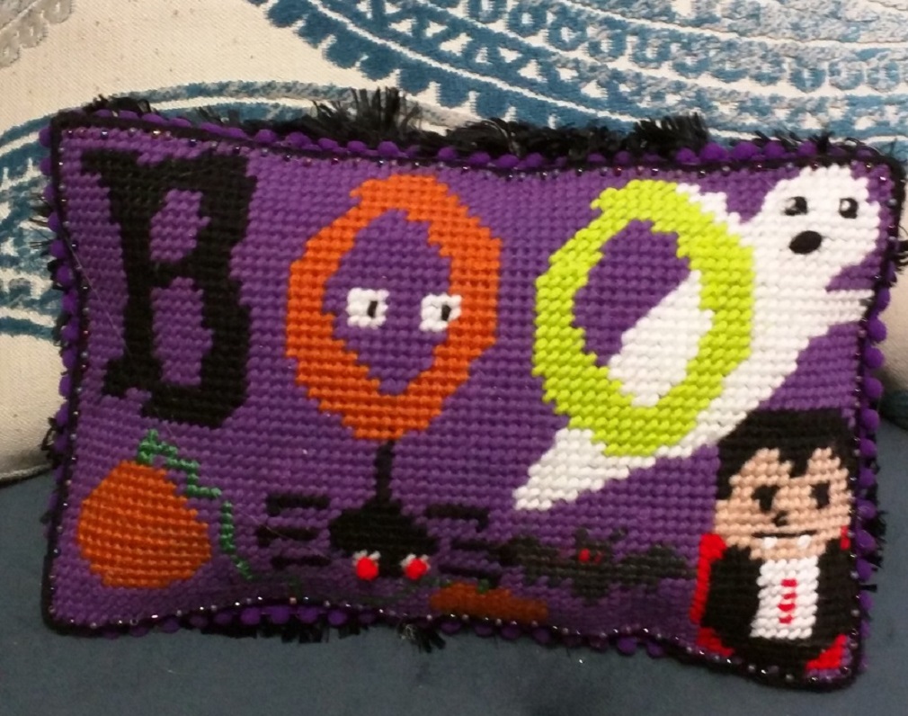 Needlepoint Halloween BOO Pillow with bead and fur trim