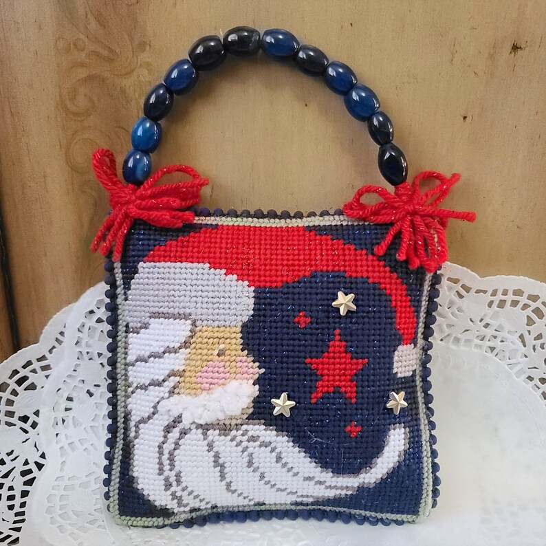 Needlepoint celestrial santa red white and blue, beaded hanger