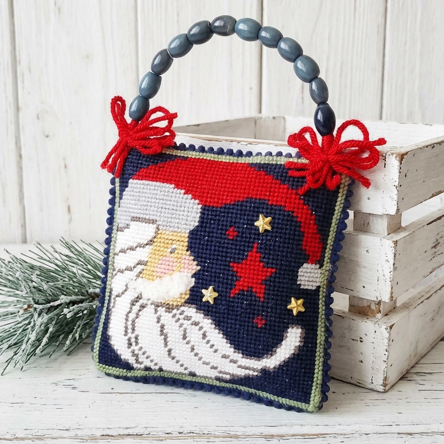 Needlepoint celestrial santa red white and blue, beaded hanger Needlepoint celestrial santa red white and blue, beaded hanger