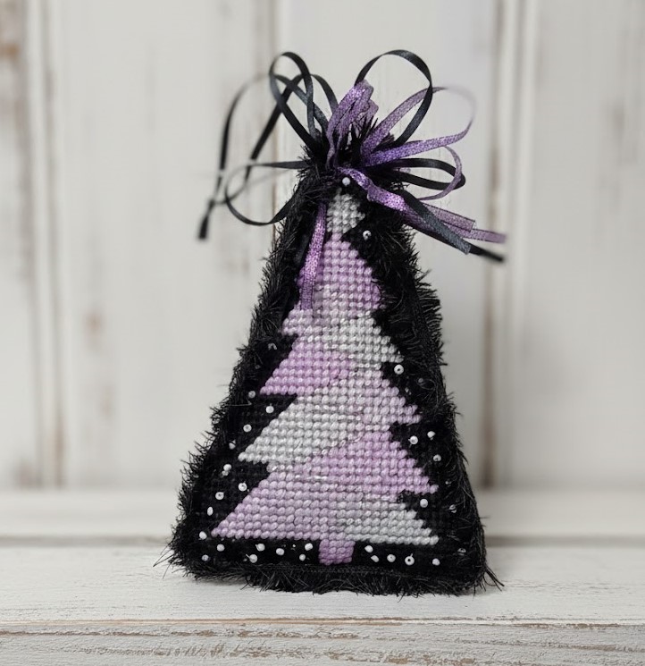Needlepoint modern look purple and black christmas tree ornament Needlepoint modern look purple and black christmas tree ornament