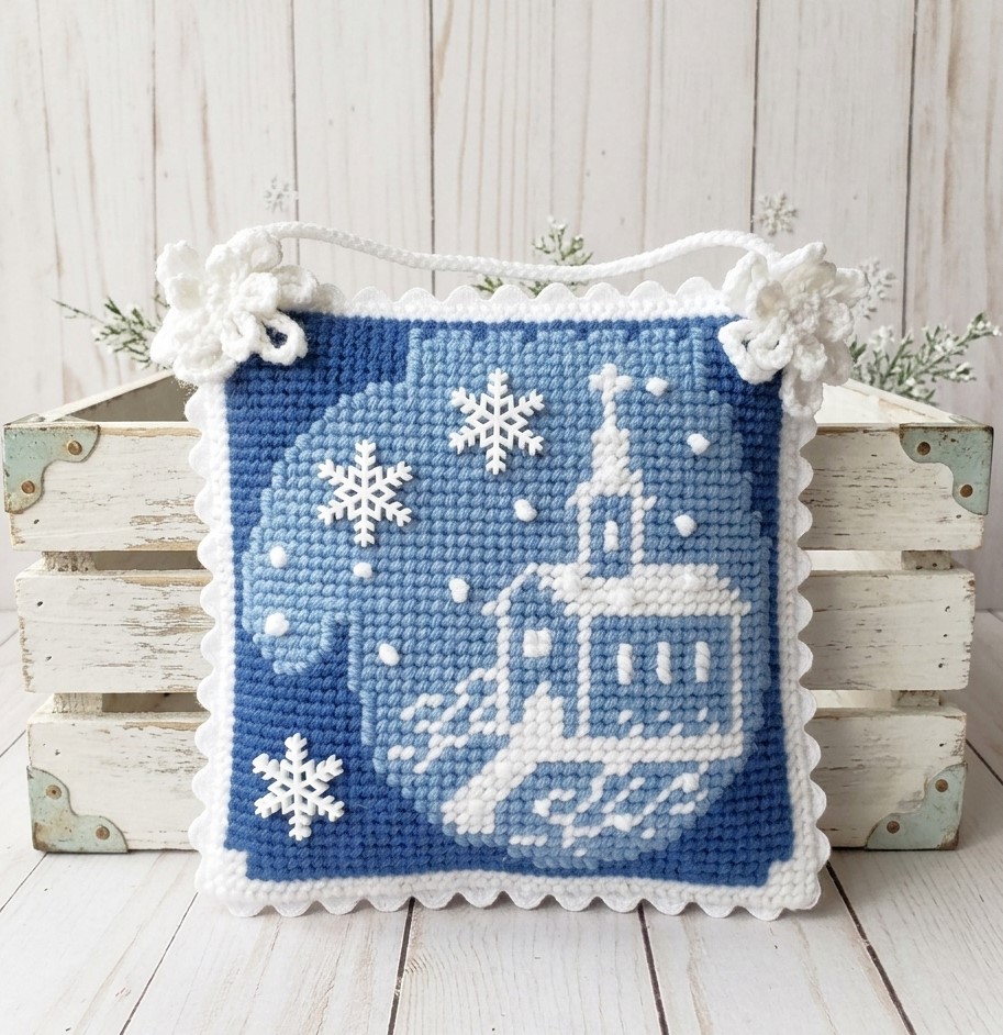 Needlepoint Winter church scene ornamental hanger