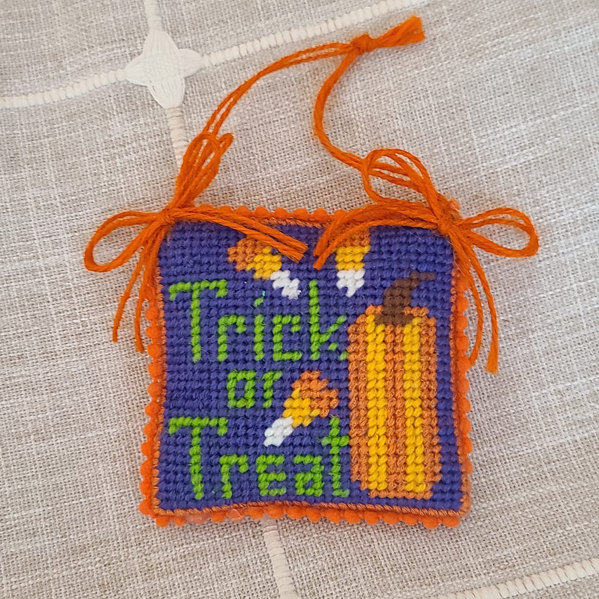Halloween finished needlepoint Trick or Treat pumpkin candy corn - Click Image to Close