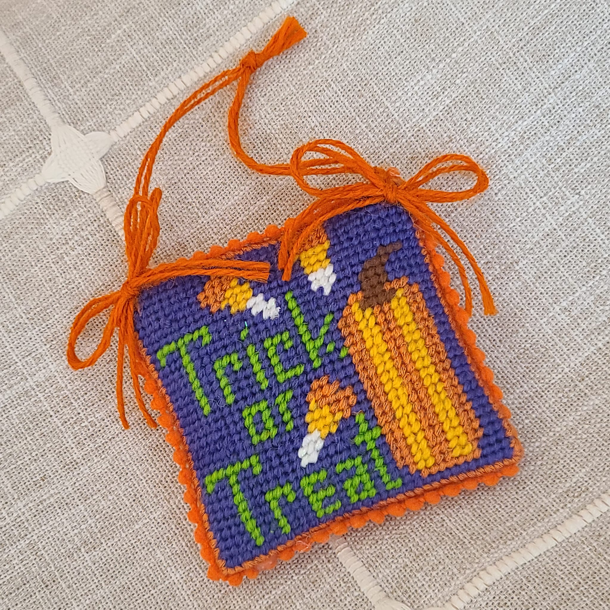 Halloween finished needlepoint Trick or Treat pumpkin candy corn