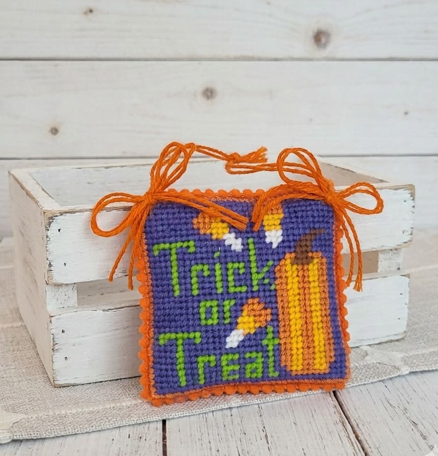 Halloween finished needlepoint Trick or Treat pumpkin candy corn