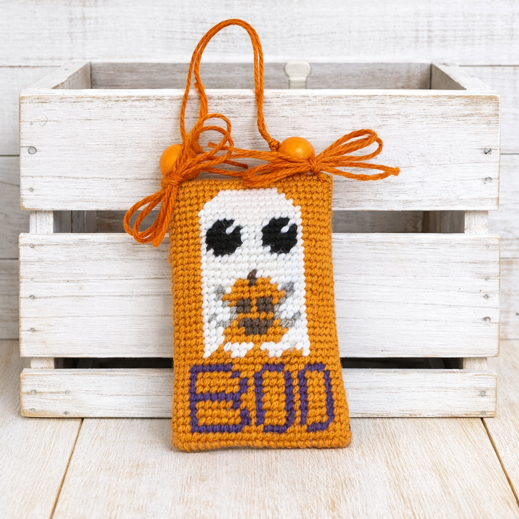 Halloween finished needlepoint BOO ghost ornament