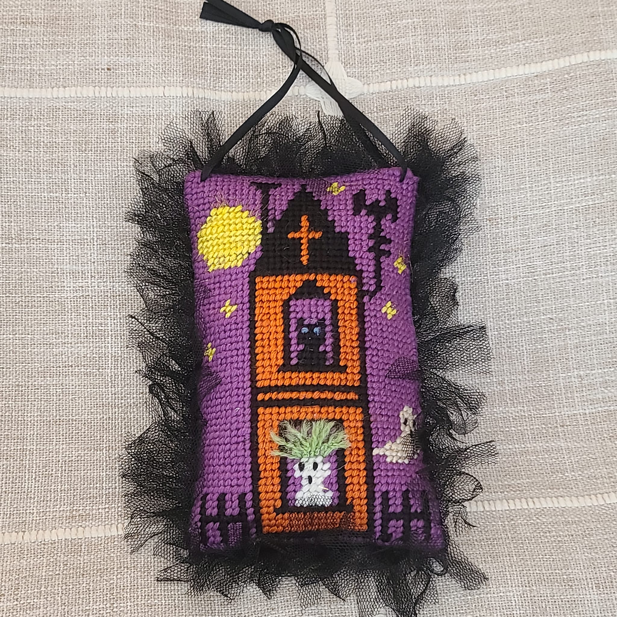 Halloween finished needlepoint Haunted House with tulle trim - Click Image to Close
