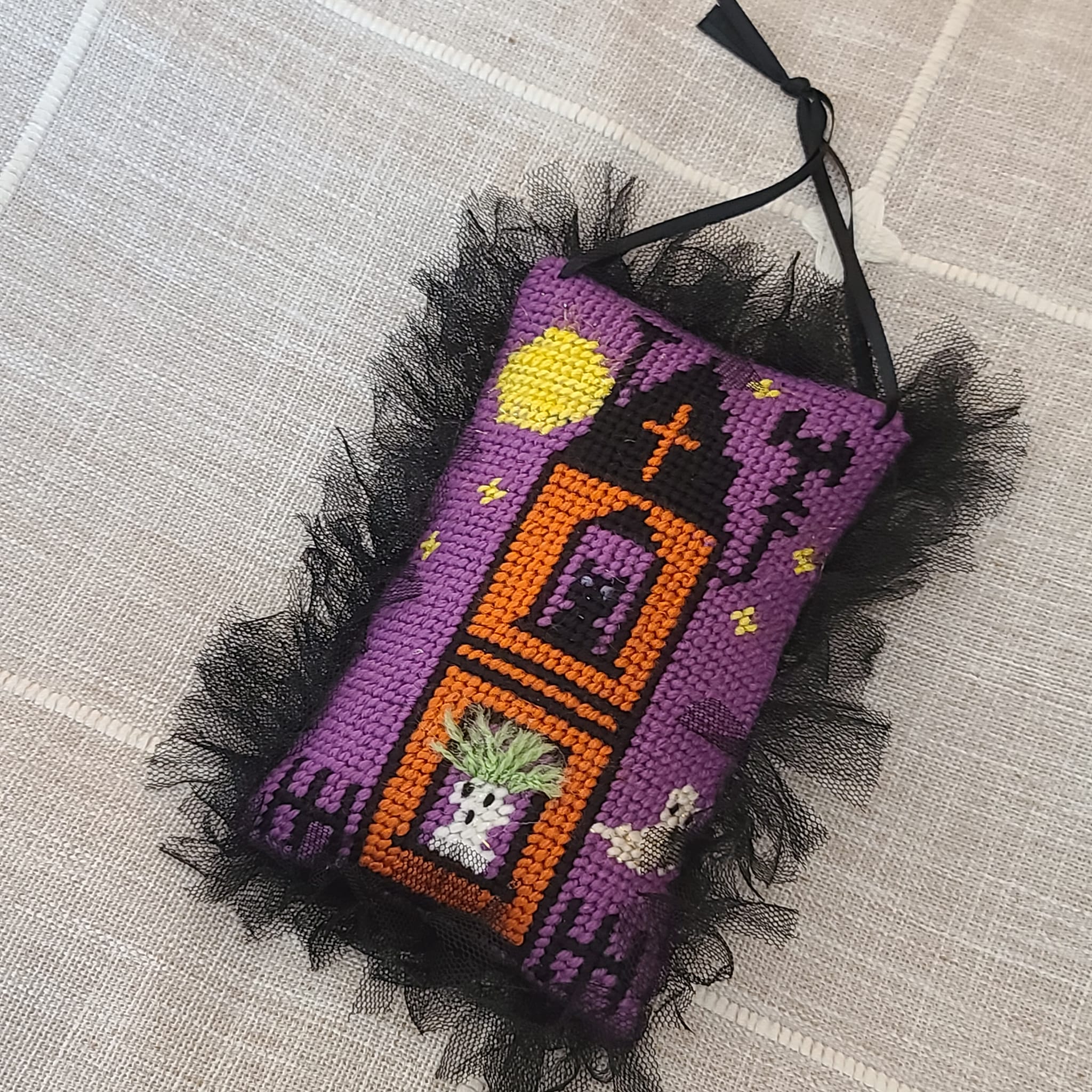 Halloween finished needlepoint Haunted House with tulle trim