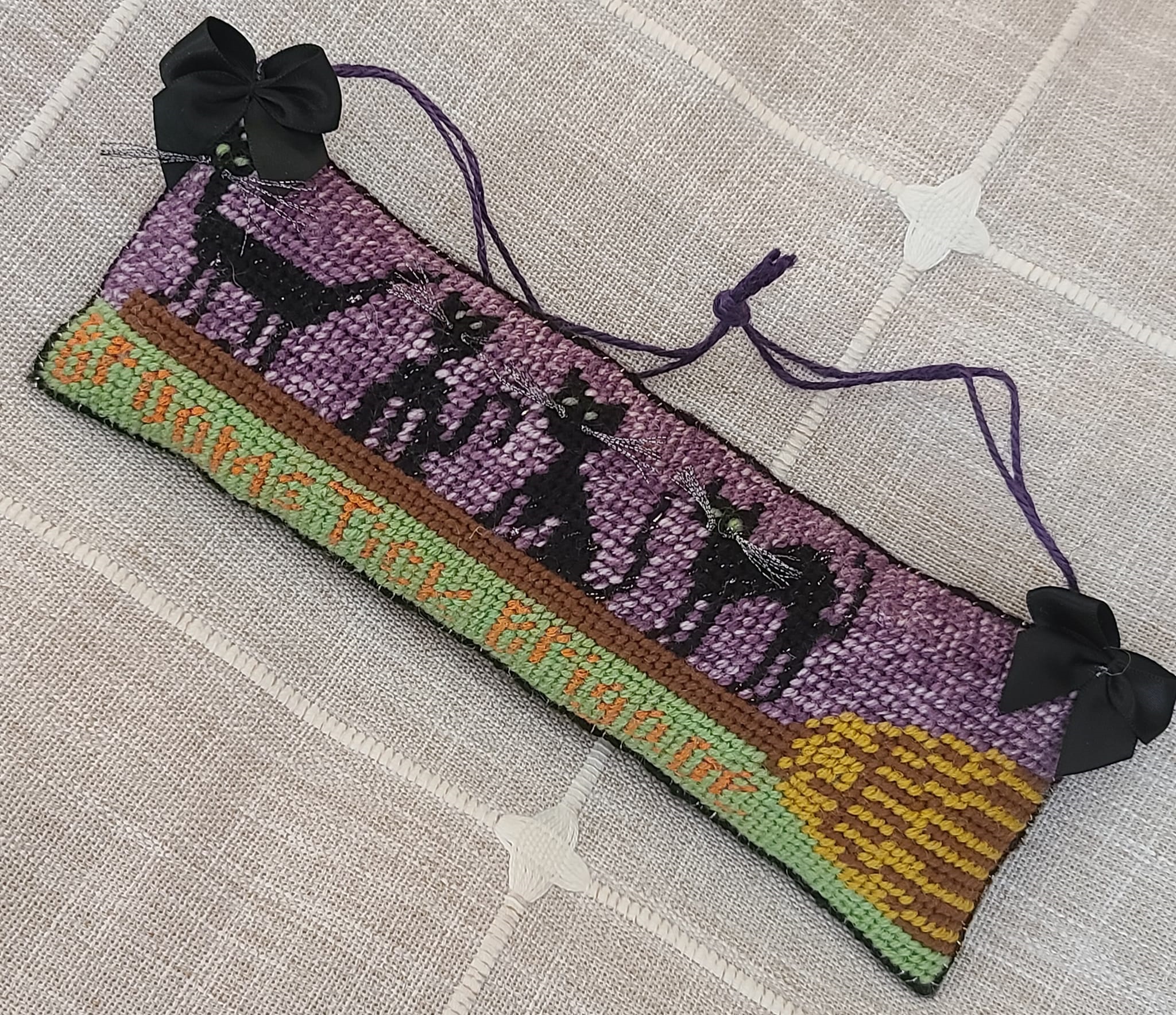 Halloween needlepoint cats on a broom broomstick brigade - Click Image to Close