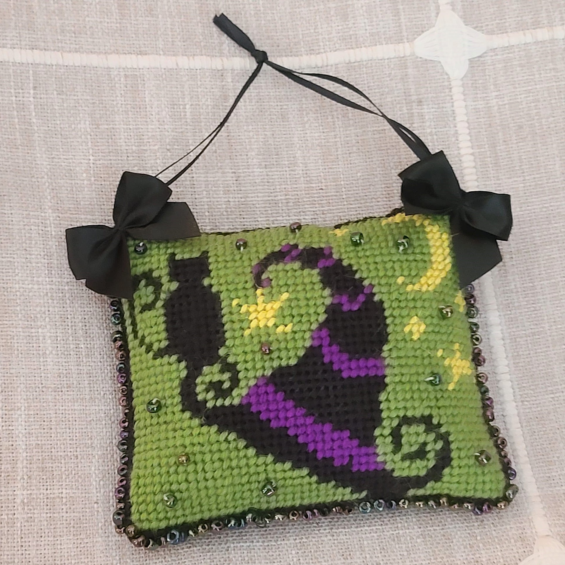 Halloween finished needlepoint ornament with beaded trim