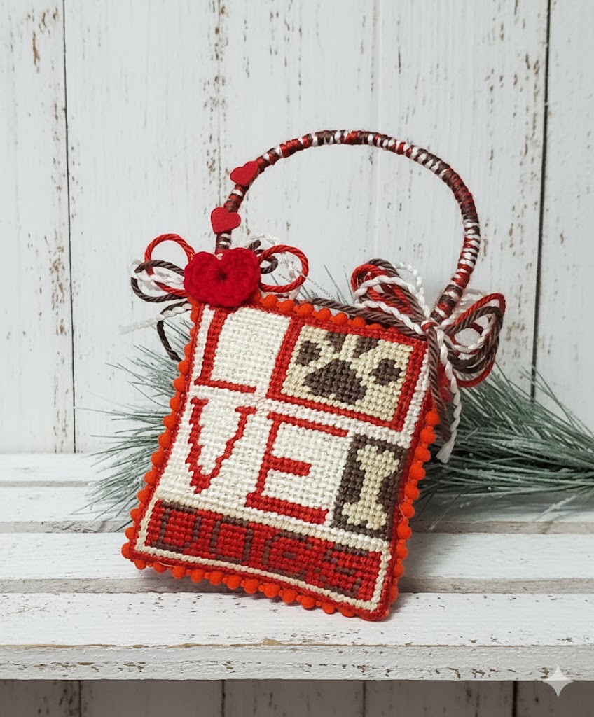 Needlepoint I love Dogs pillow hanger ornament
