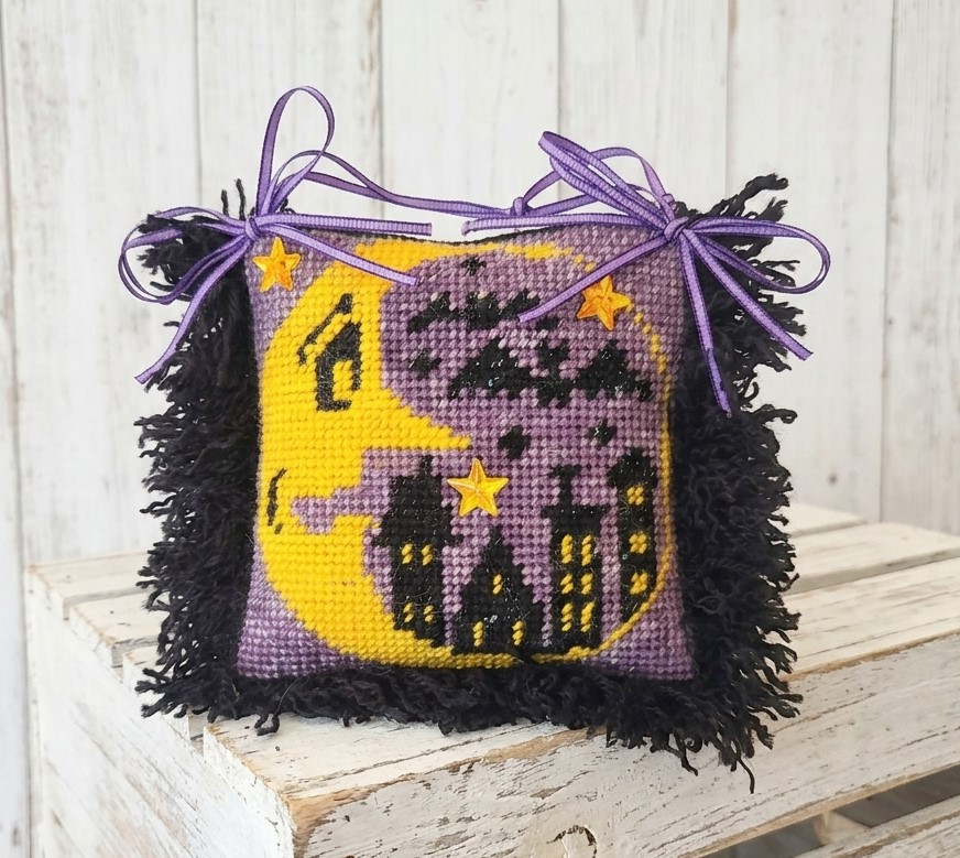 Halloween finished needlepoint Moon and halloween scene & fringe