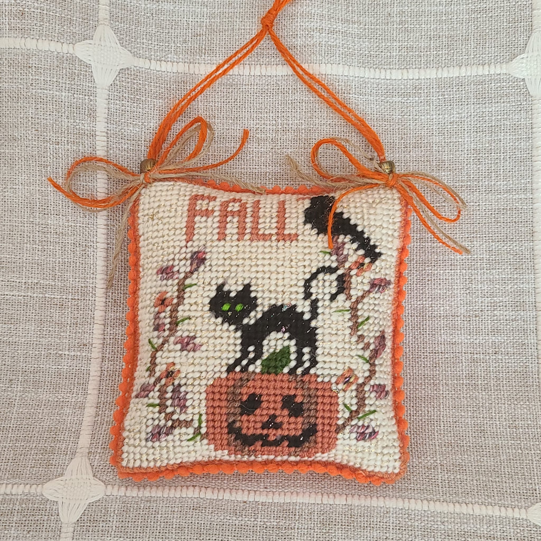 Hallowen finished needlepoint FALL pumpkin & black cat ornament - Click Image to Close