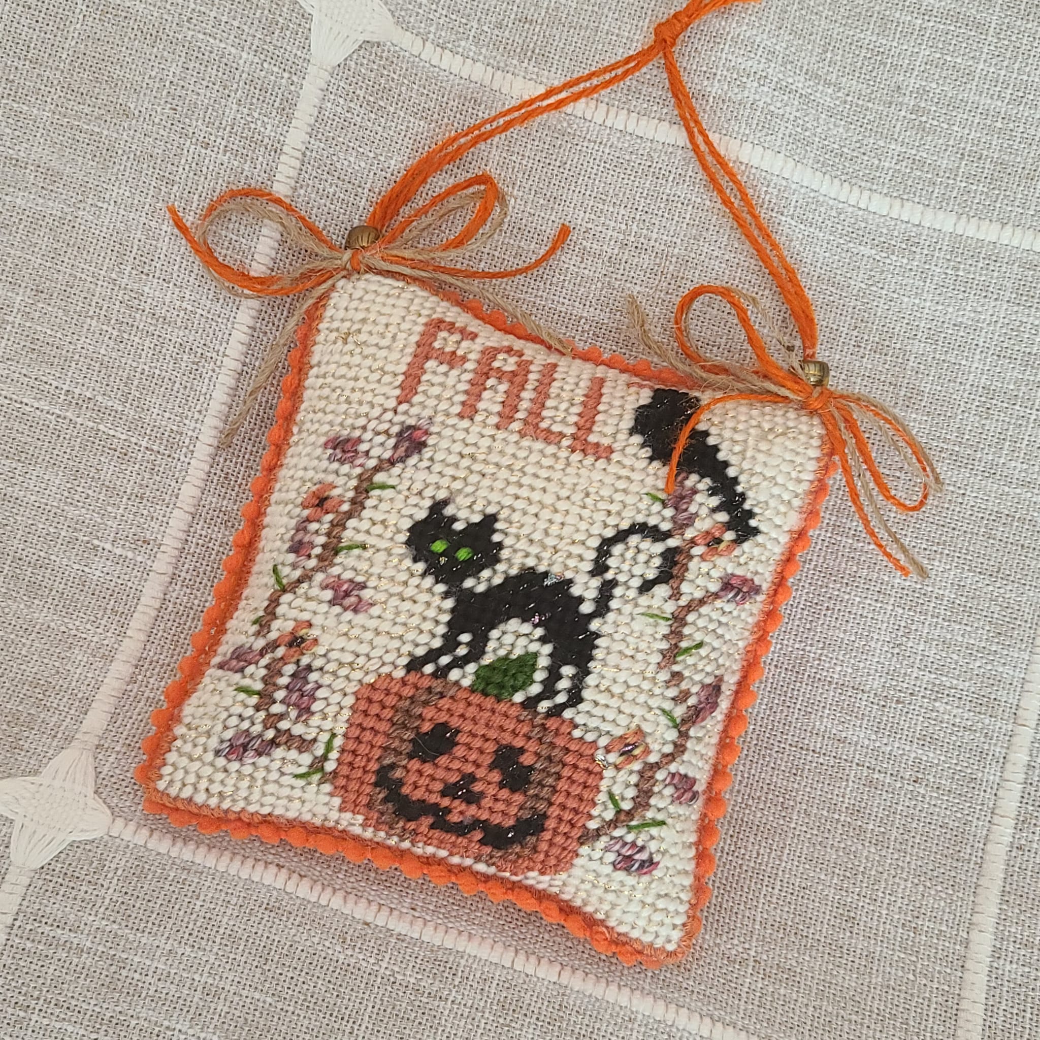 Hallowen finished needlepoint FALL pumpkin & black cat ornament