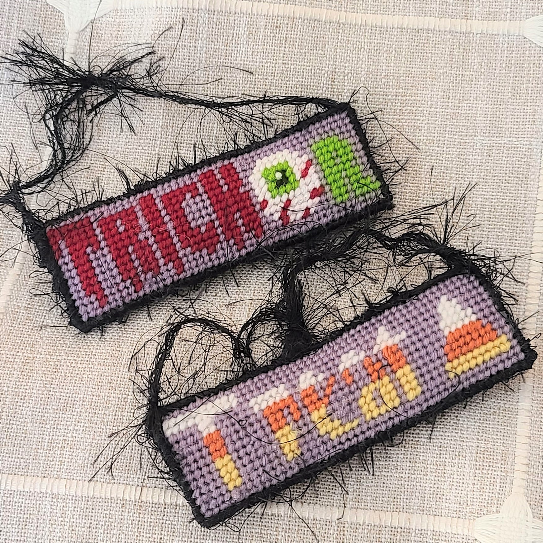 Halloween needlepoint set of 2 Trick or Treat Ornaments - Click Image to Close