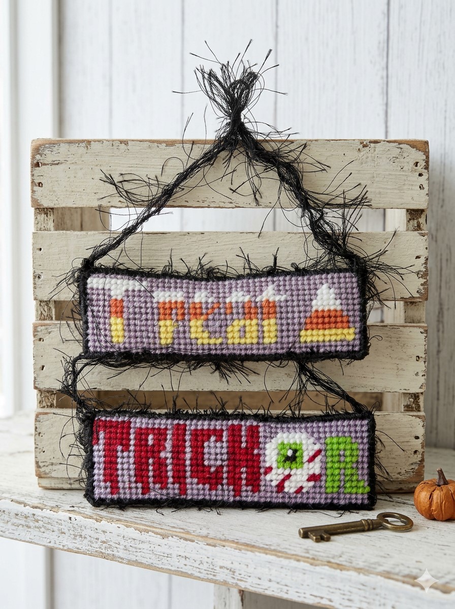 Halloween needlepoint set of 2 Trick or Treat Ornaments