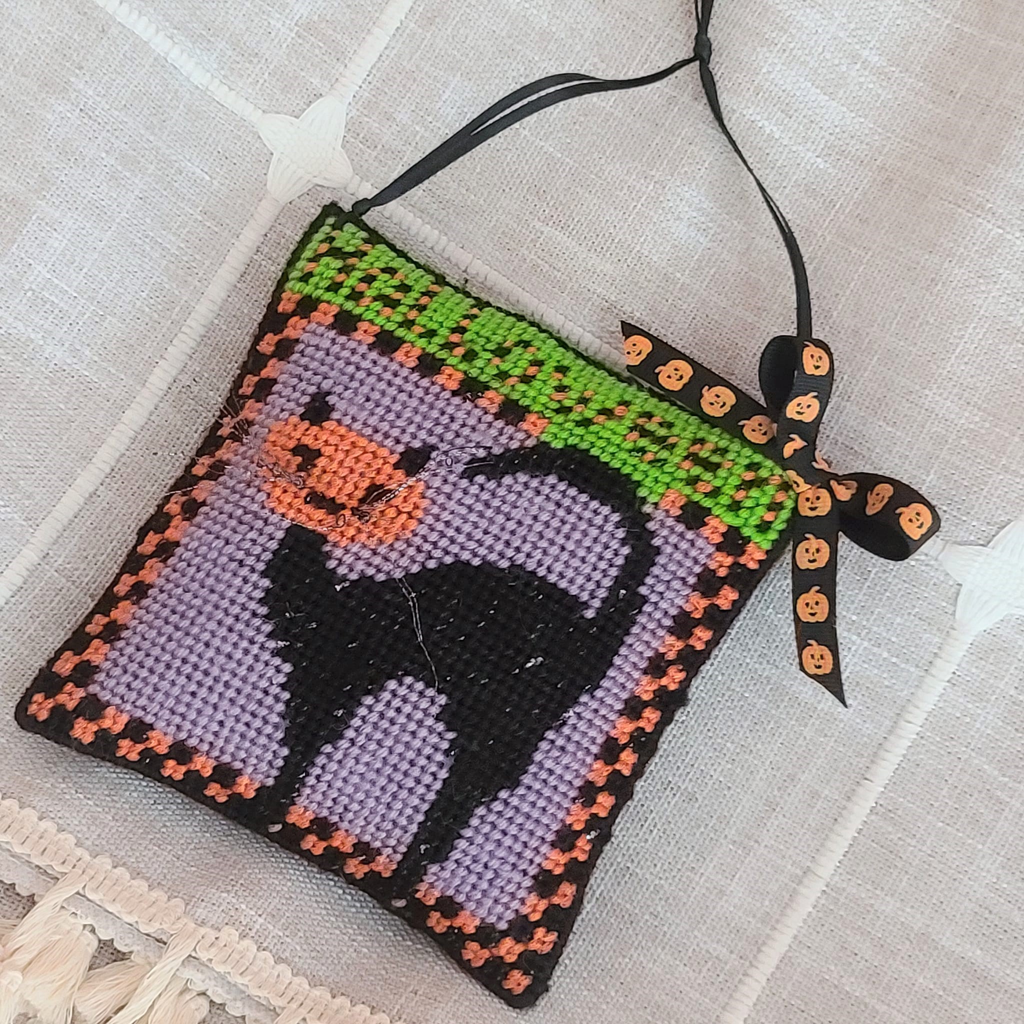 Halloween needlepoint black cat ornamental hanger - Click Image to Close