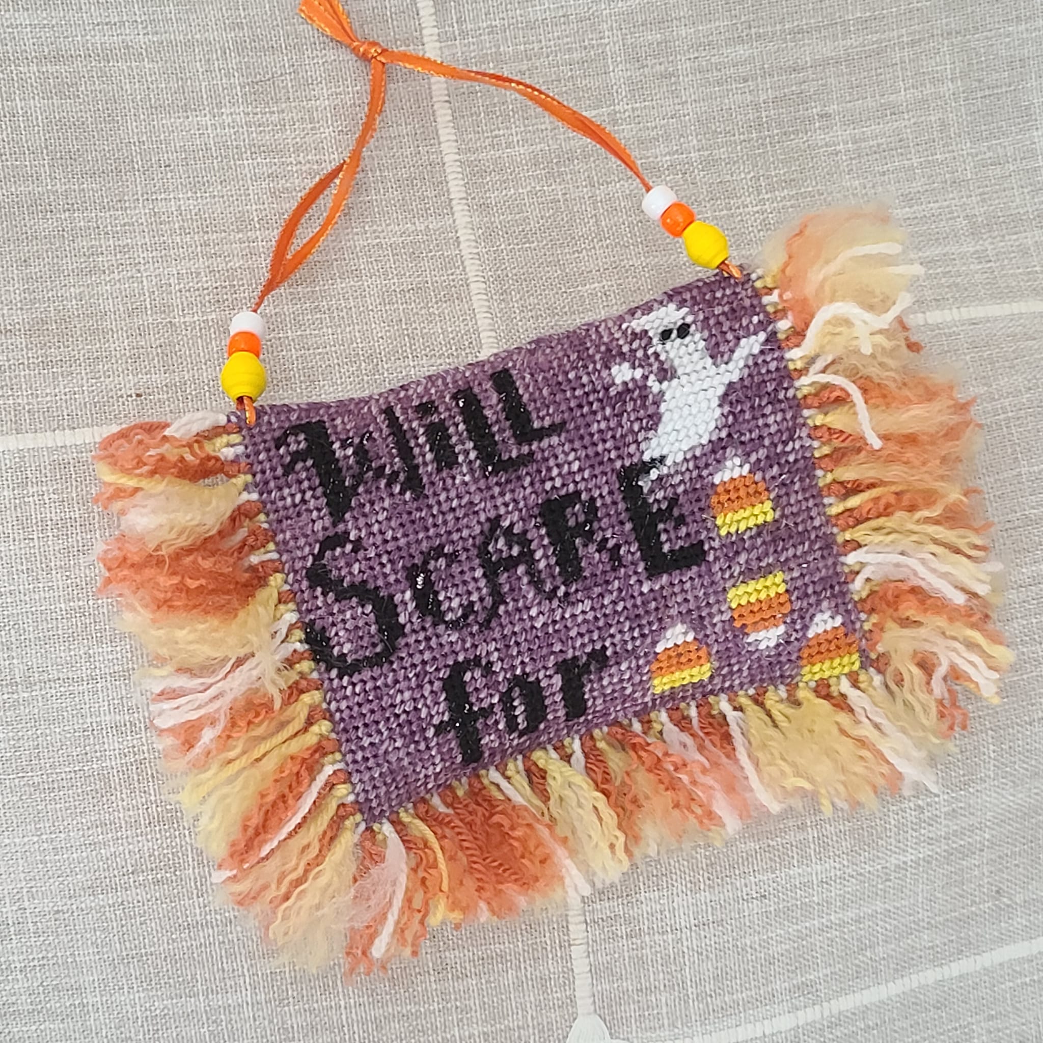 Halloween needlepoint WILL SCARE FOR CANDY CORN with fringe - Click Image to Close