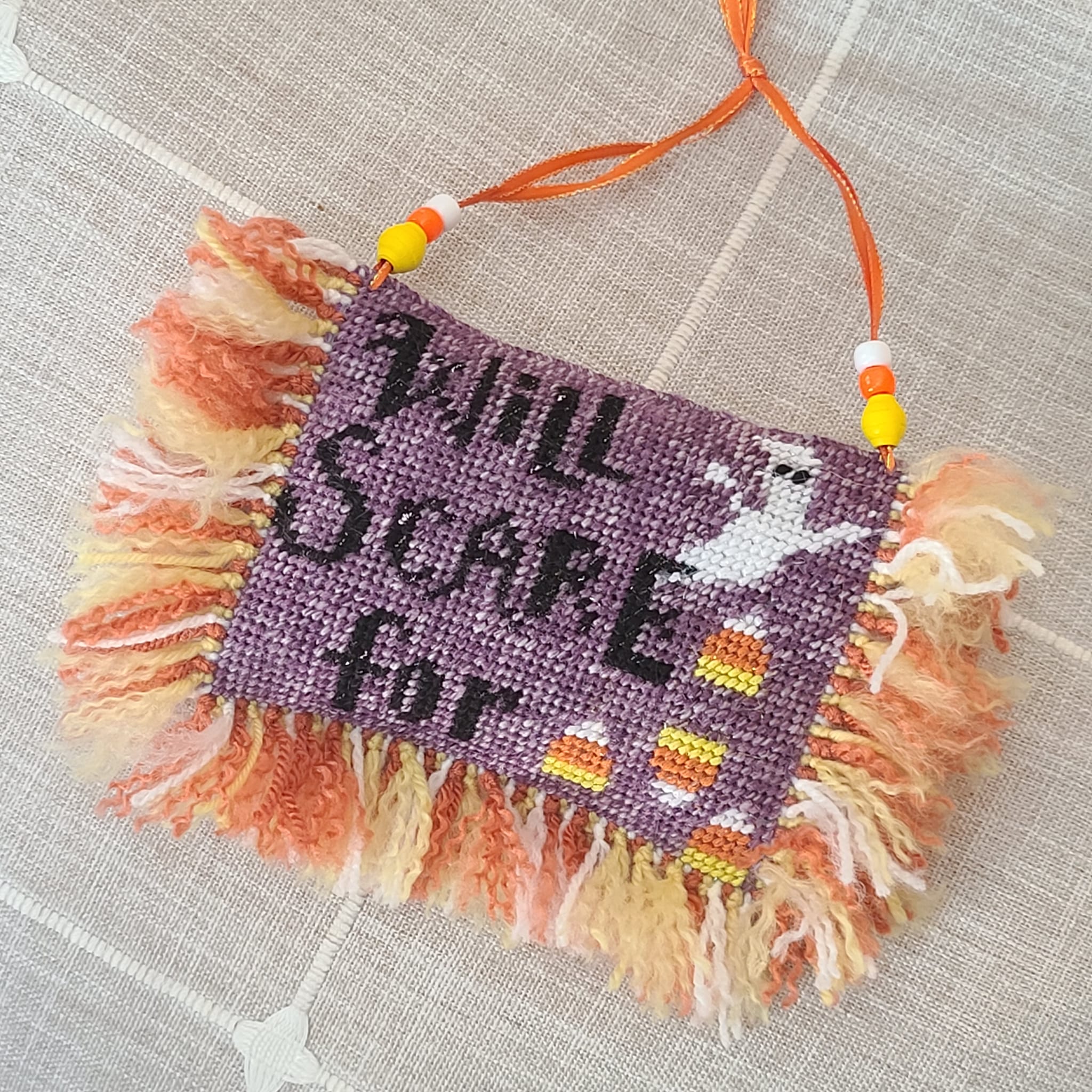 Halloween needlepoint WILL SCARE FOR CANDY CORN with fringe