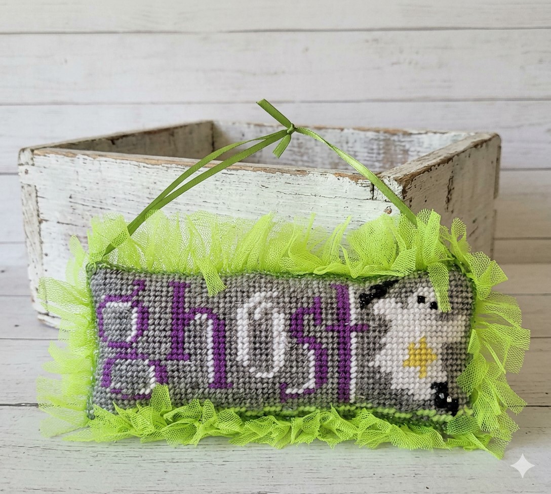 Needlepoint halloween Ghost with green tulle fringe ornament