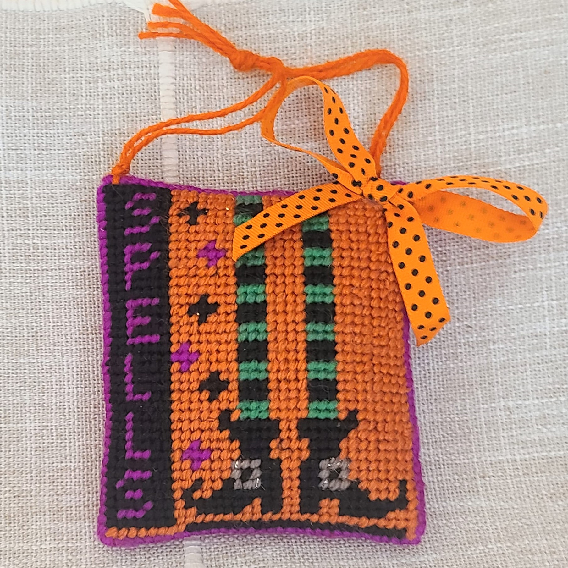 Halloween finished needlepoint SPELLS witch legs ornament - Click Image to Close