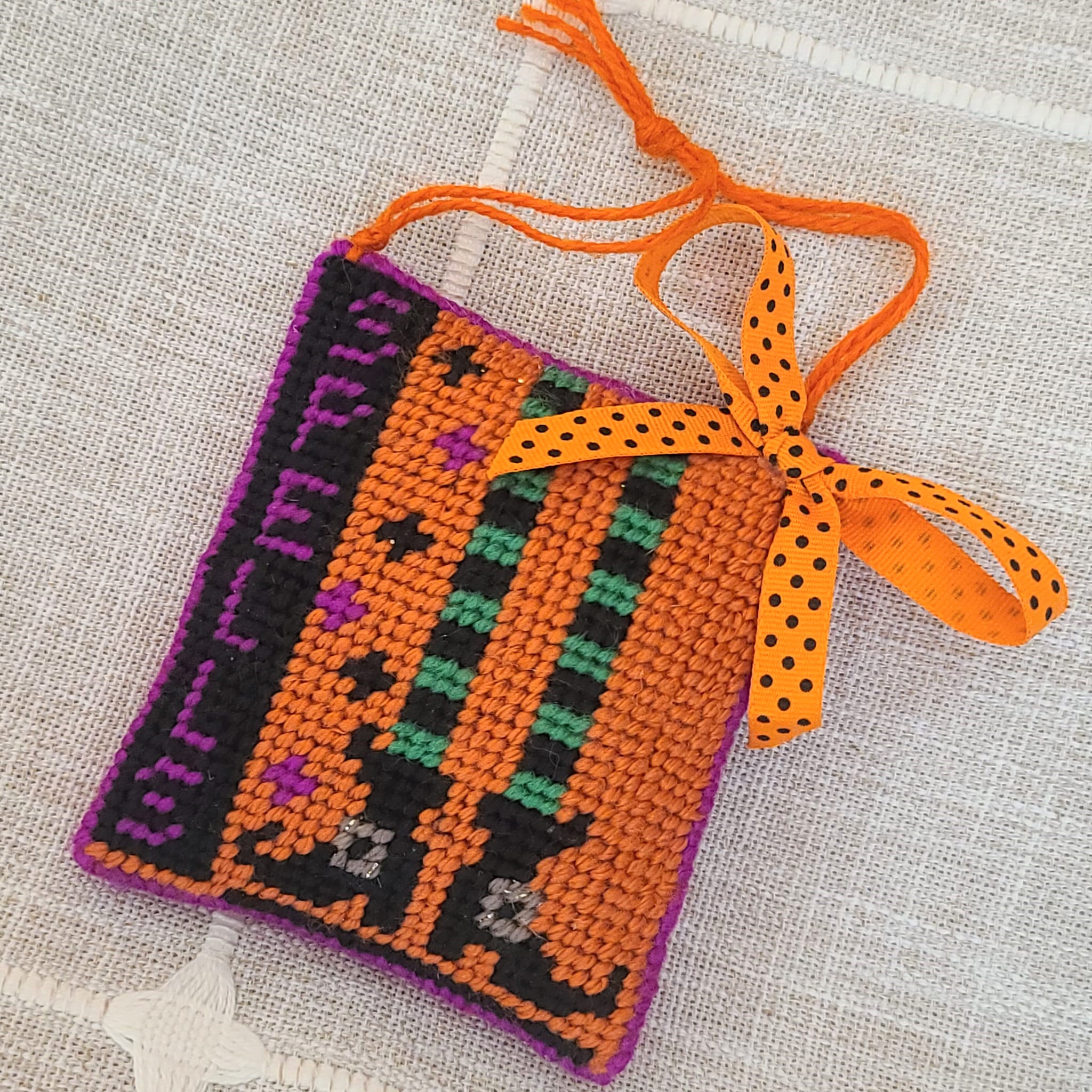 Halloween finished needlepoint SPELLS witch legs ornament
