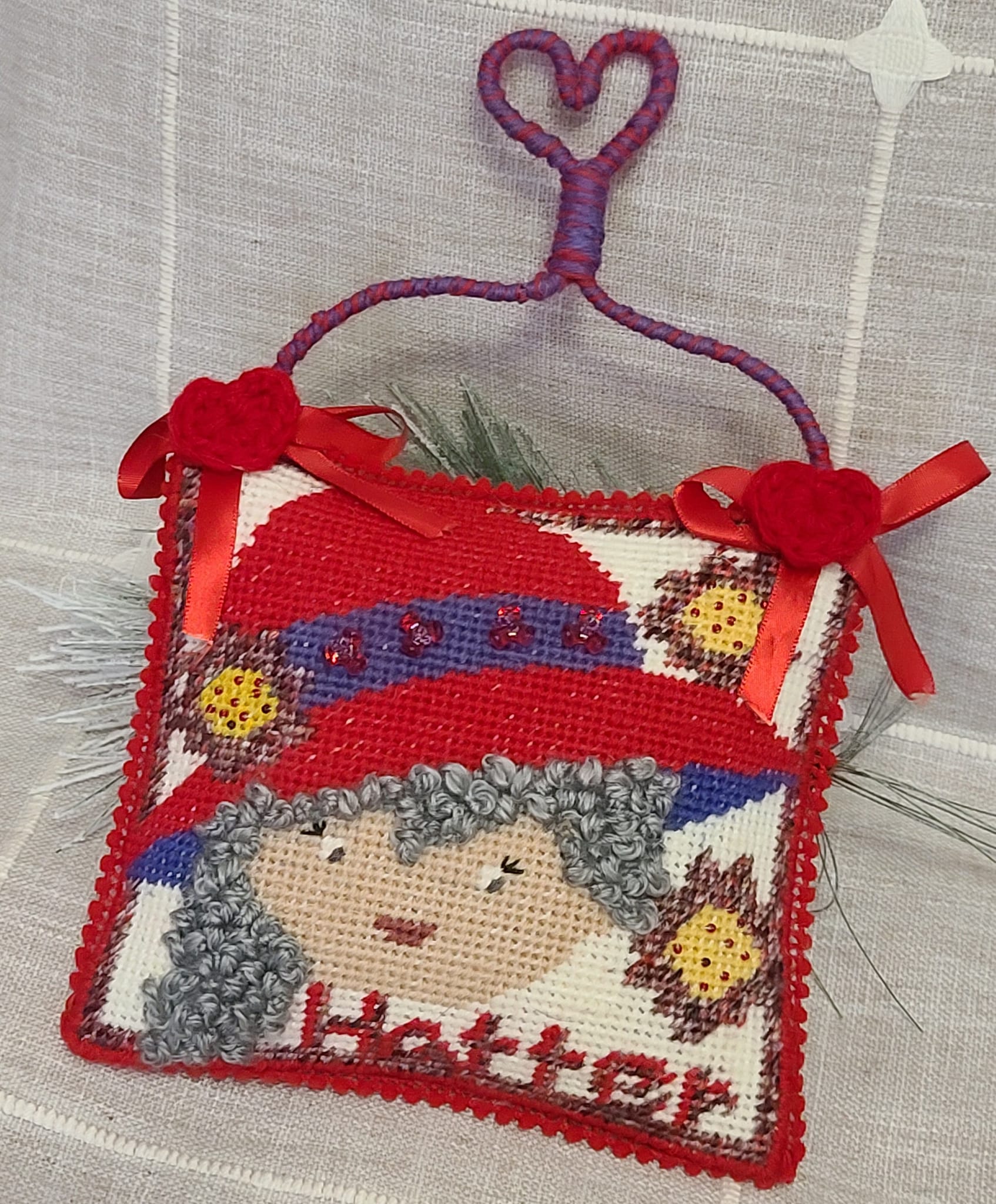 Needlepoint Red Hat Lady pillow hanger ornament