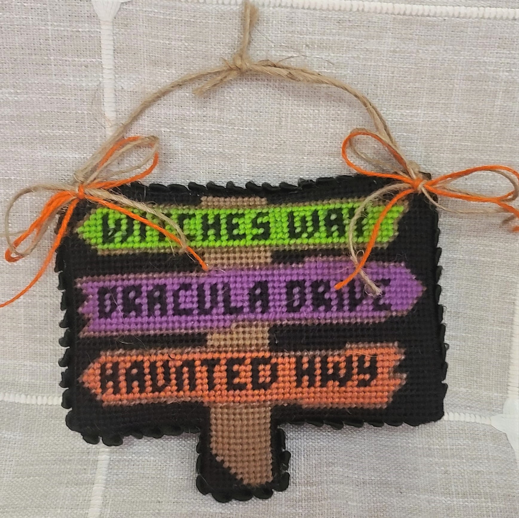 Halloween needlepoint road sign ornament - Click Image to Close