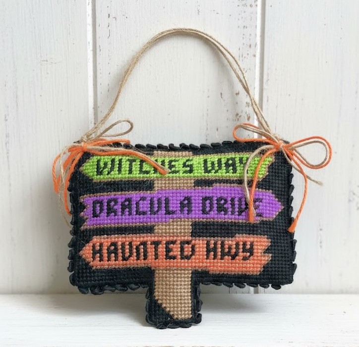 Halloween needlepoint road sign ornament