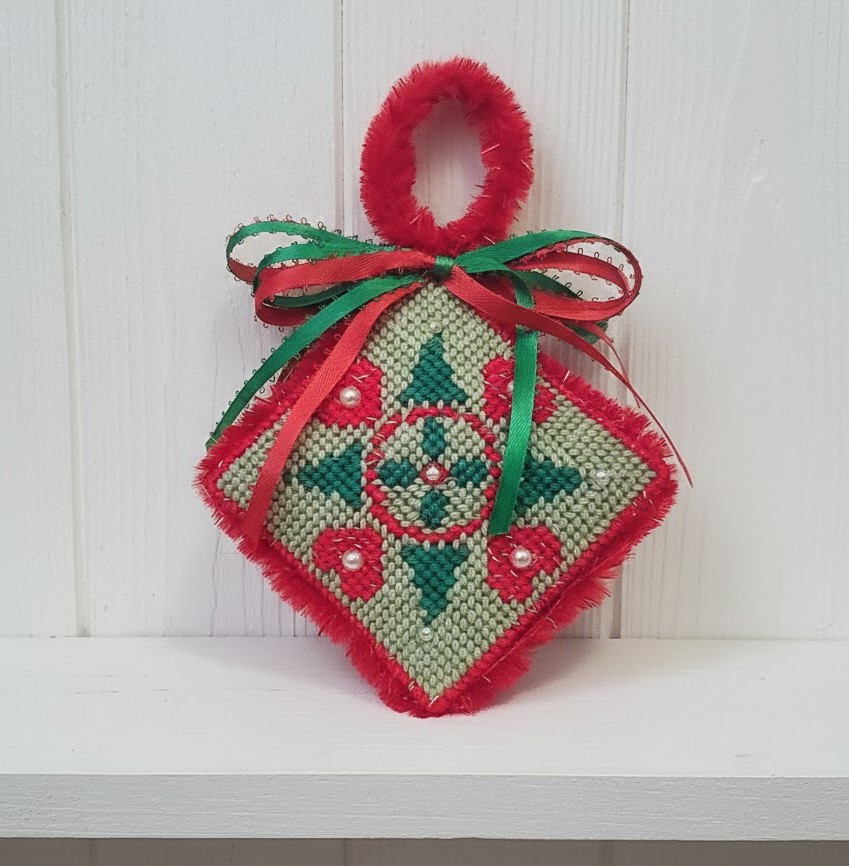 Needlepoint heart and evergreen trees hanger ornament