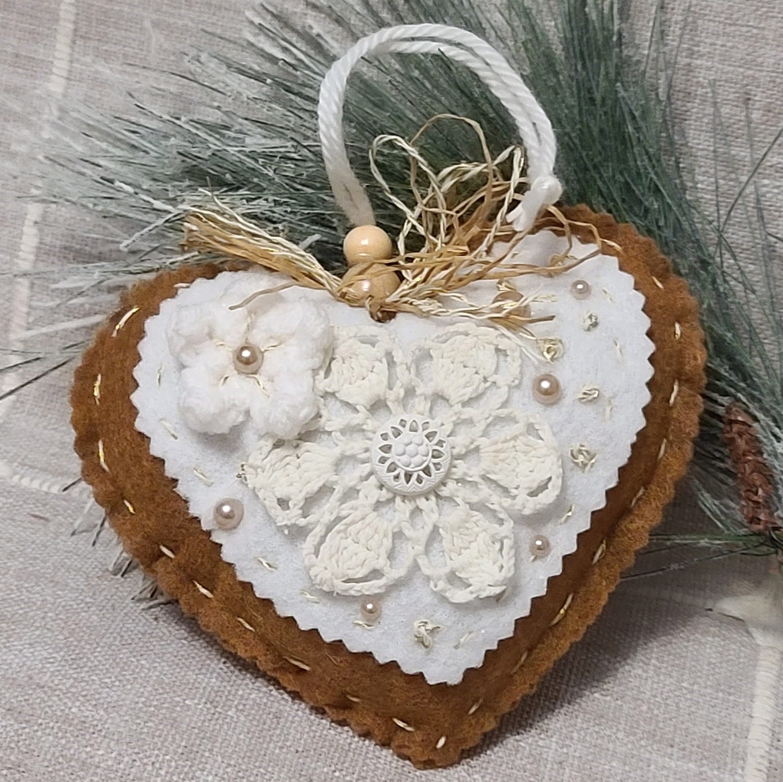 Felt gingerbread white icing center lace heart ornament - Click Image to Close