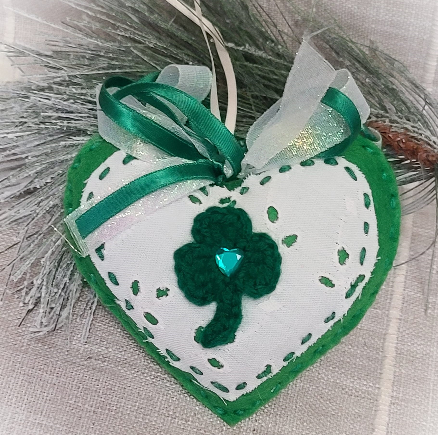 Felt Spring heart ornament with crochet shamrock