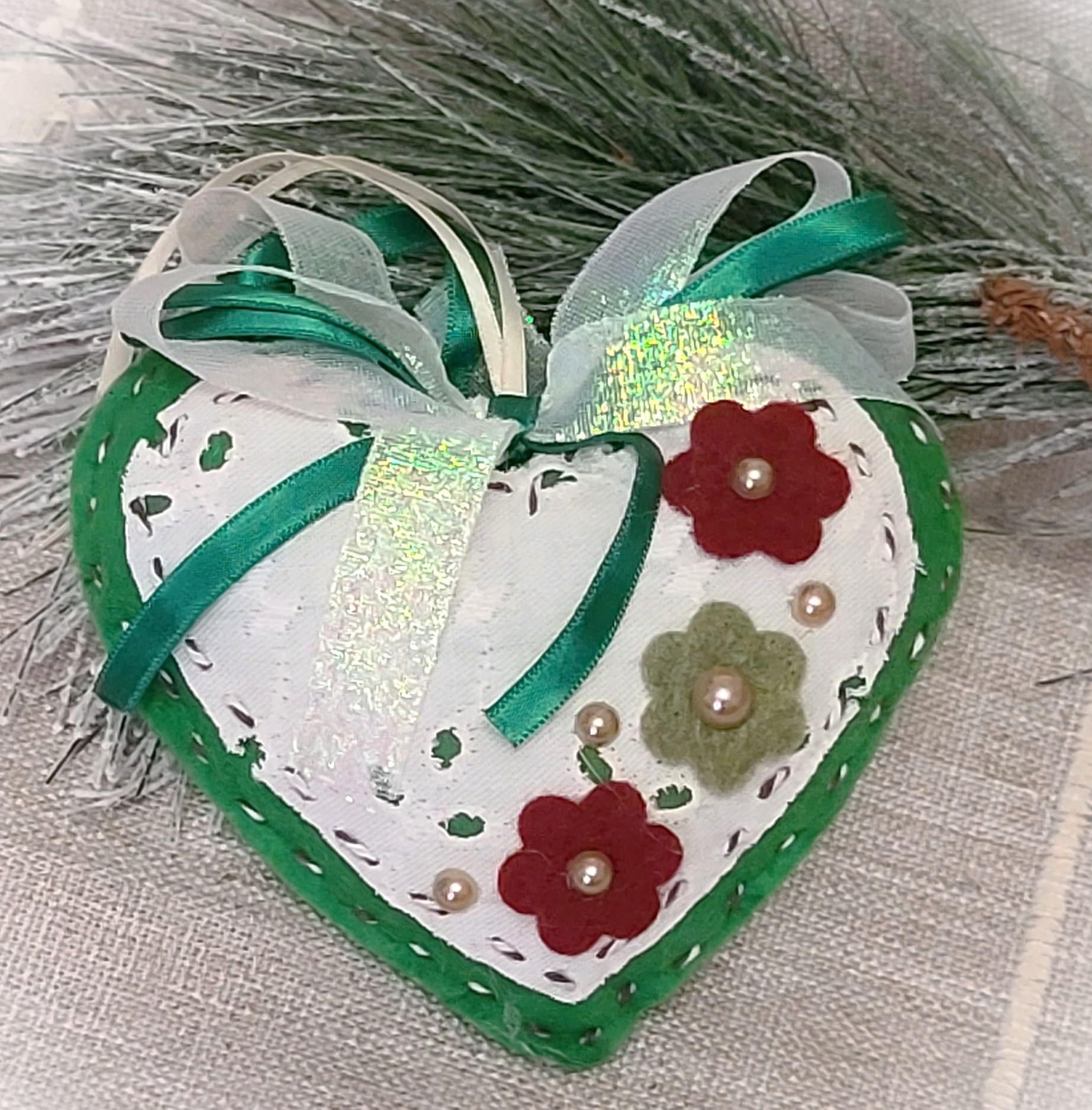 Felt Spring heart ornament with lace and burgundy flowers