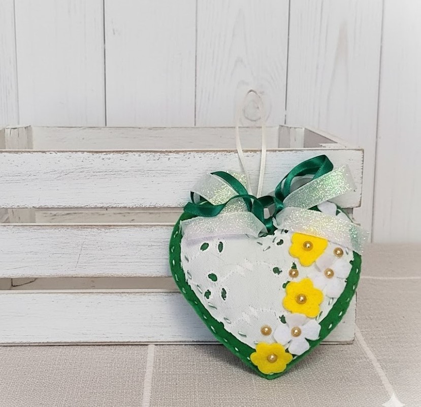 Spring felt heart ornament - yellow flowers