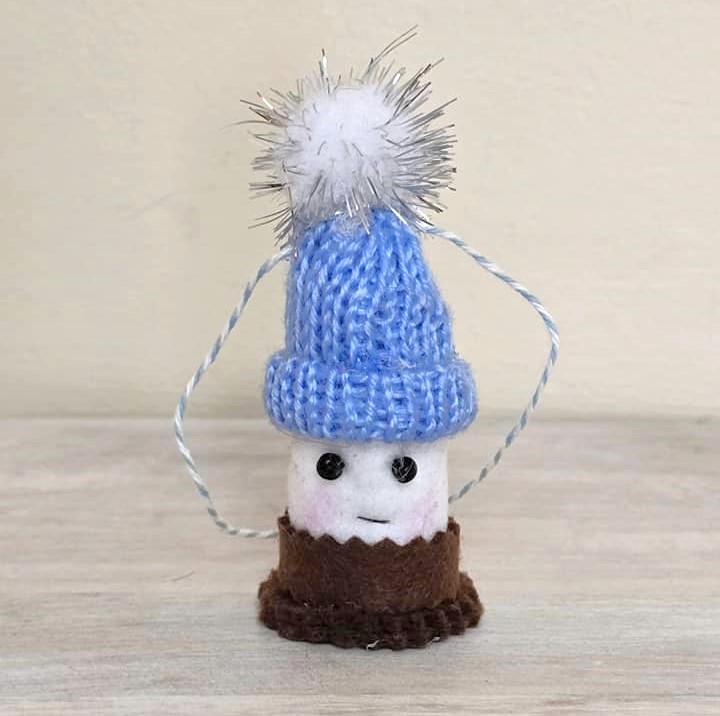 Smores felt marshmallow w chocolate blue knit hat white pompom - Click Image to Close