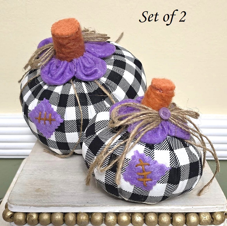 Handmade pumpkins, tabletop pumpkin decoration, black white gingham fabric, rustic, farm style decor, set of 2 - Click Image to Close