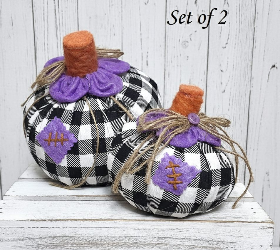 Handmade pumpkins, tabletop pumpkin decoration, black white gingham fabric, rustic, farm style decor, set of 2