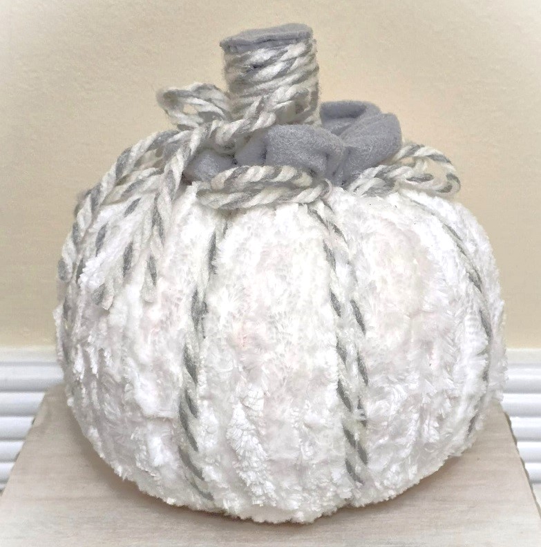 Handmade pumpkin, tabletop pumpkin decoration, white chenille yarn with gray accents, shabby chic, country