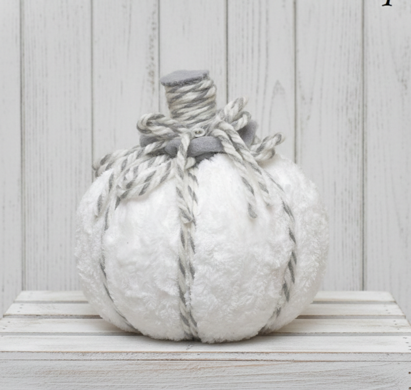 Handmade pumpkin, tabletop pumpkin decoration, white chenille yarn with gray accents, shabby chic, country