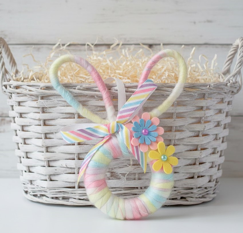 Yarn and wood bunny rabbit, easter ornament -multi pastel colors