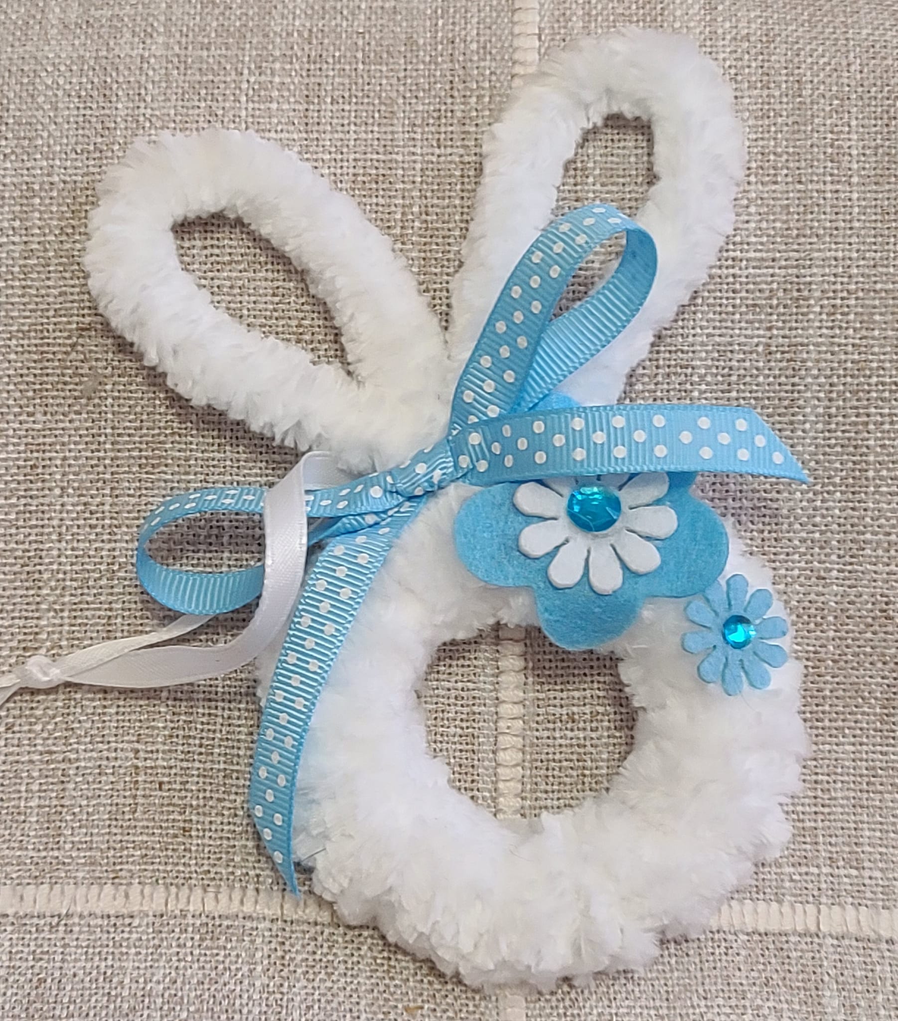 Yarn and wood bunny rabbit, easter ornament - blue