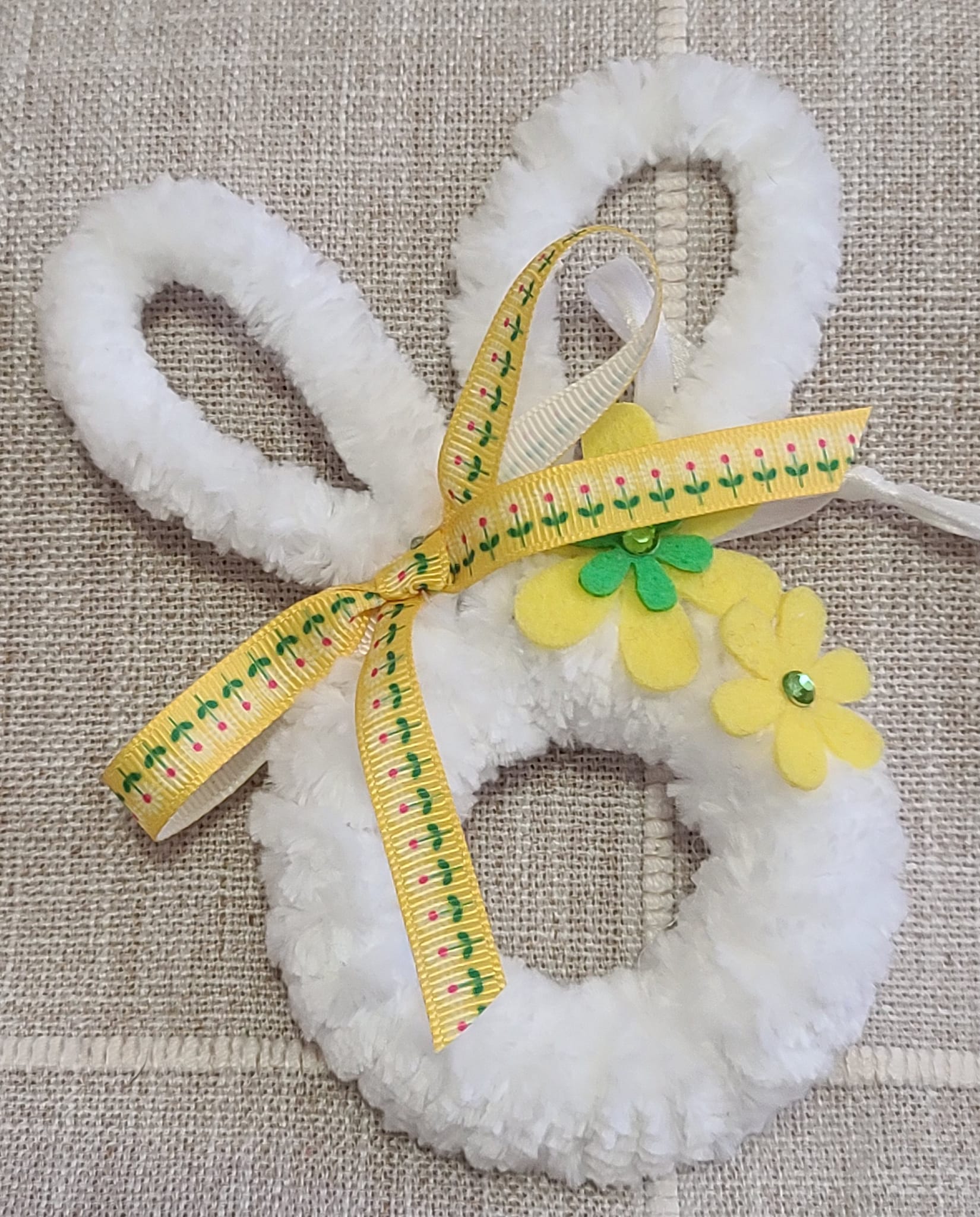 Yarn and wood bunny rabbit, easter ornament - yellow