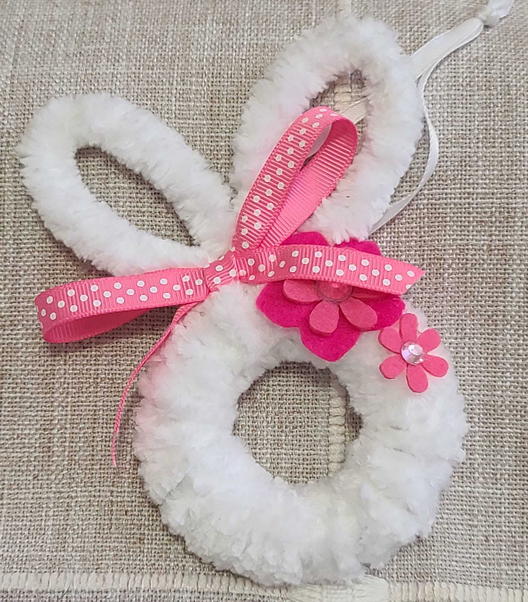 Yarn and wood bunny rabbit, easter ornament - pink