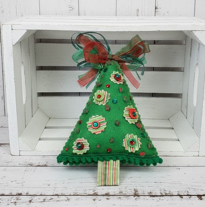 Christmas felt tree ornament - green with striped trim
