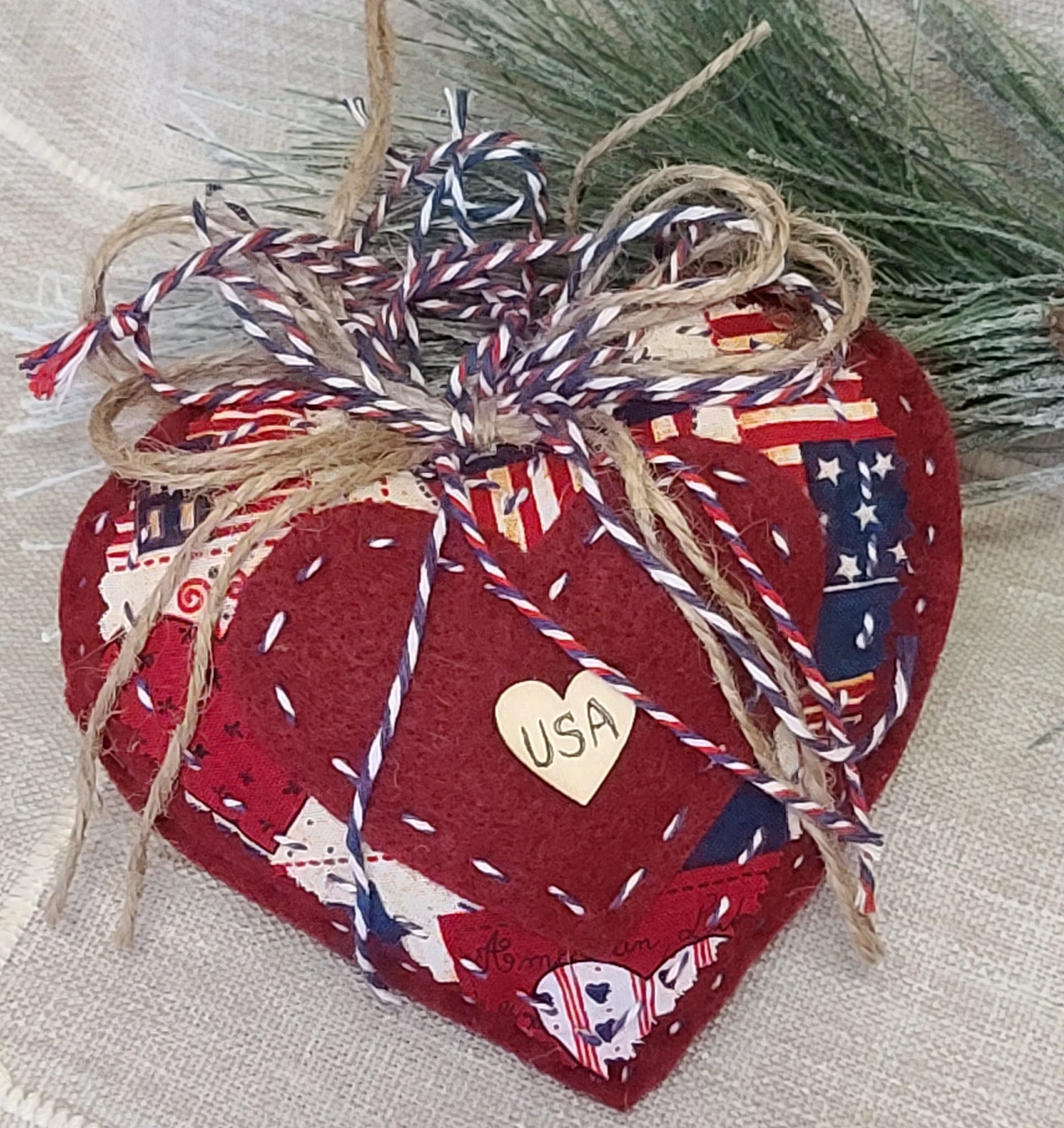 Country heart patriotic red white and blue felt ornament