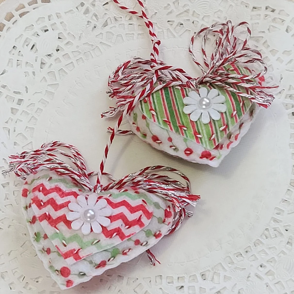 Double heart ornaments whimsical green and red colors
