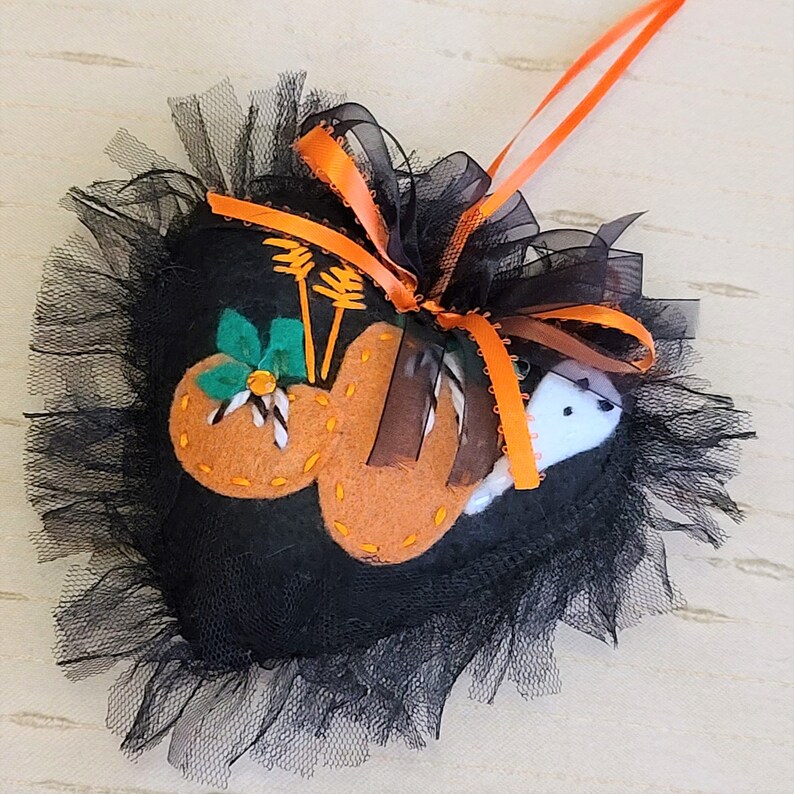 Halloween felt ghost and pumpkin black heart ornament