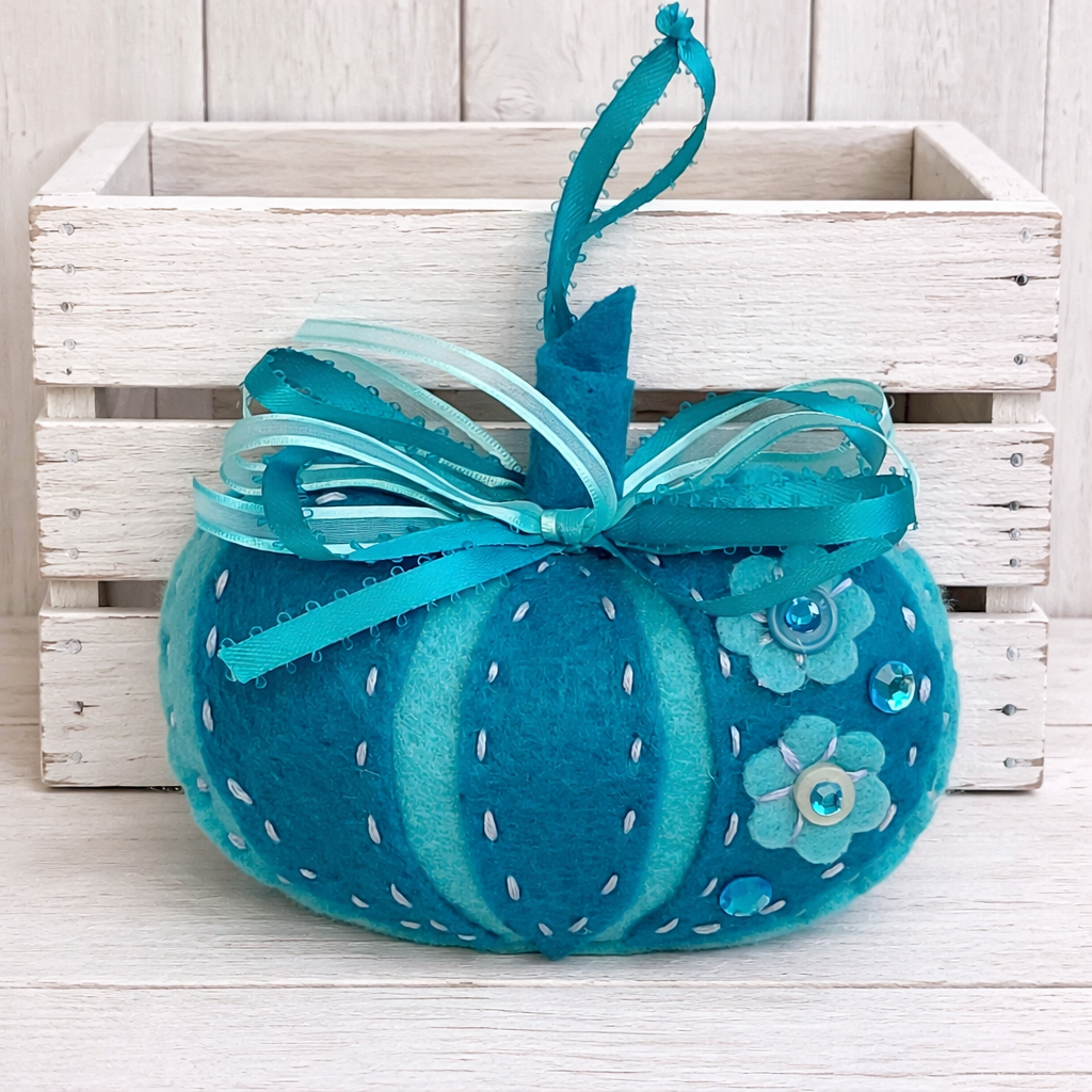 Felt pumpkin ornament - teal with flowers