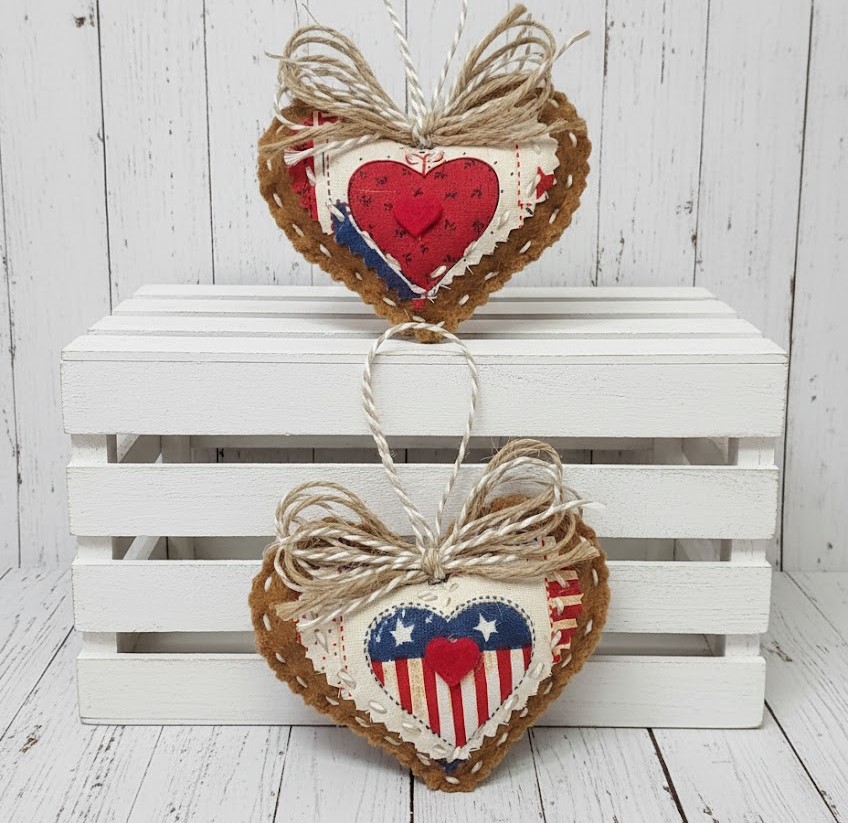Patriotic heart shaped gingerbread ornaments - set of 2